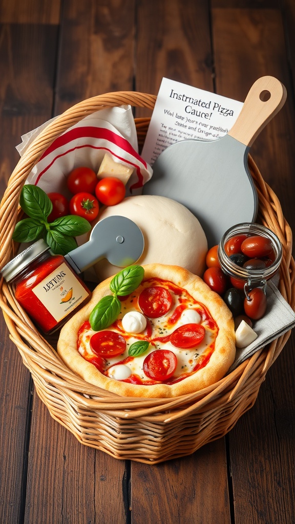 A DIY pizza kit gift basket with dough, sauce, cheese, toppings, and tools.